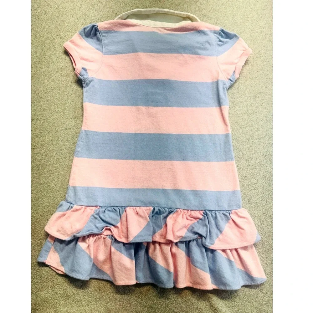 Ralph Lauren Polo Dress Kids 3T Pink Blue Striped Ruffle Hem Short Sleeve Preppy